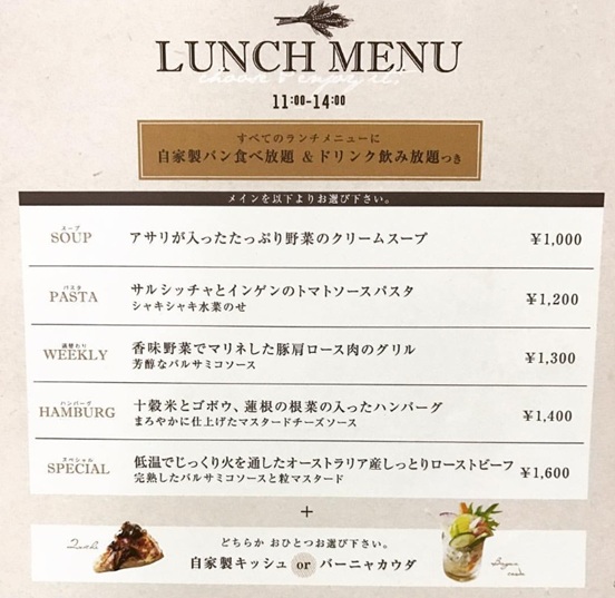 ファクトリーカフェのランチメニューと料金