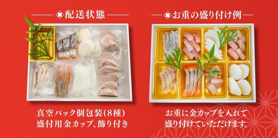 豪華新春セット二の段の配送状態と盛り付け例の画像