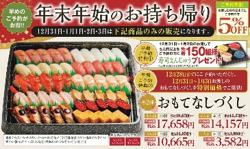 にぎり長次郎の年末年始お持ち帰り(テイクアウト)メニューのおもてなしづくし